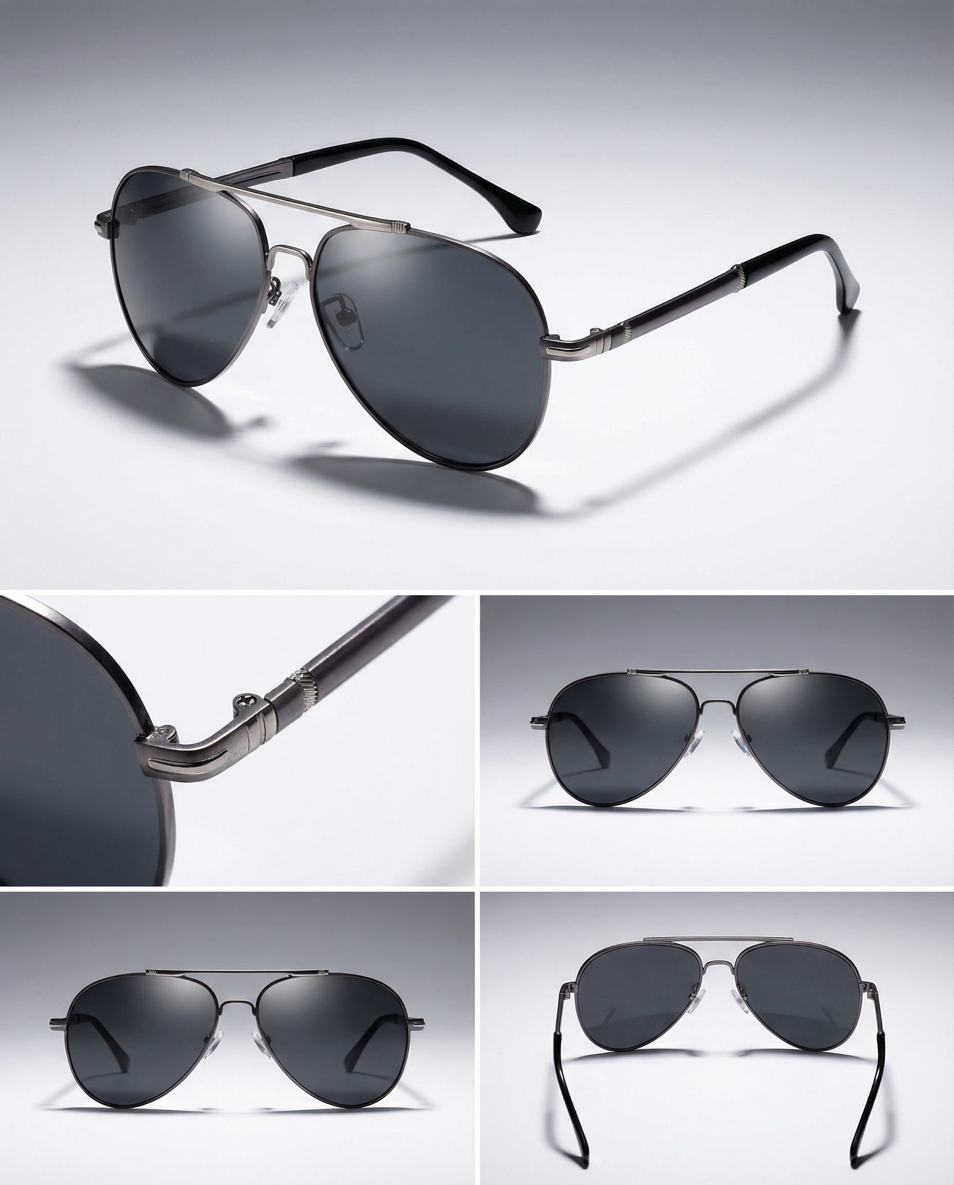 Graue Golden Vein Aviator Performance Sonnenbrille aus Metall mit getönten Gläsern, schlanker Bügelkonstruktion und modernem sportlichen Design, fotografiert vor neutralem Studiohintergrund.