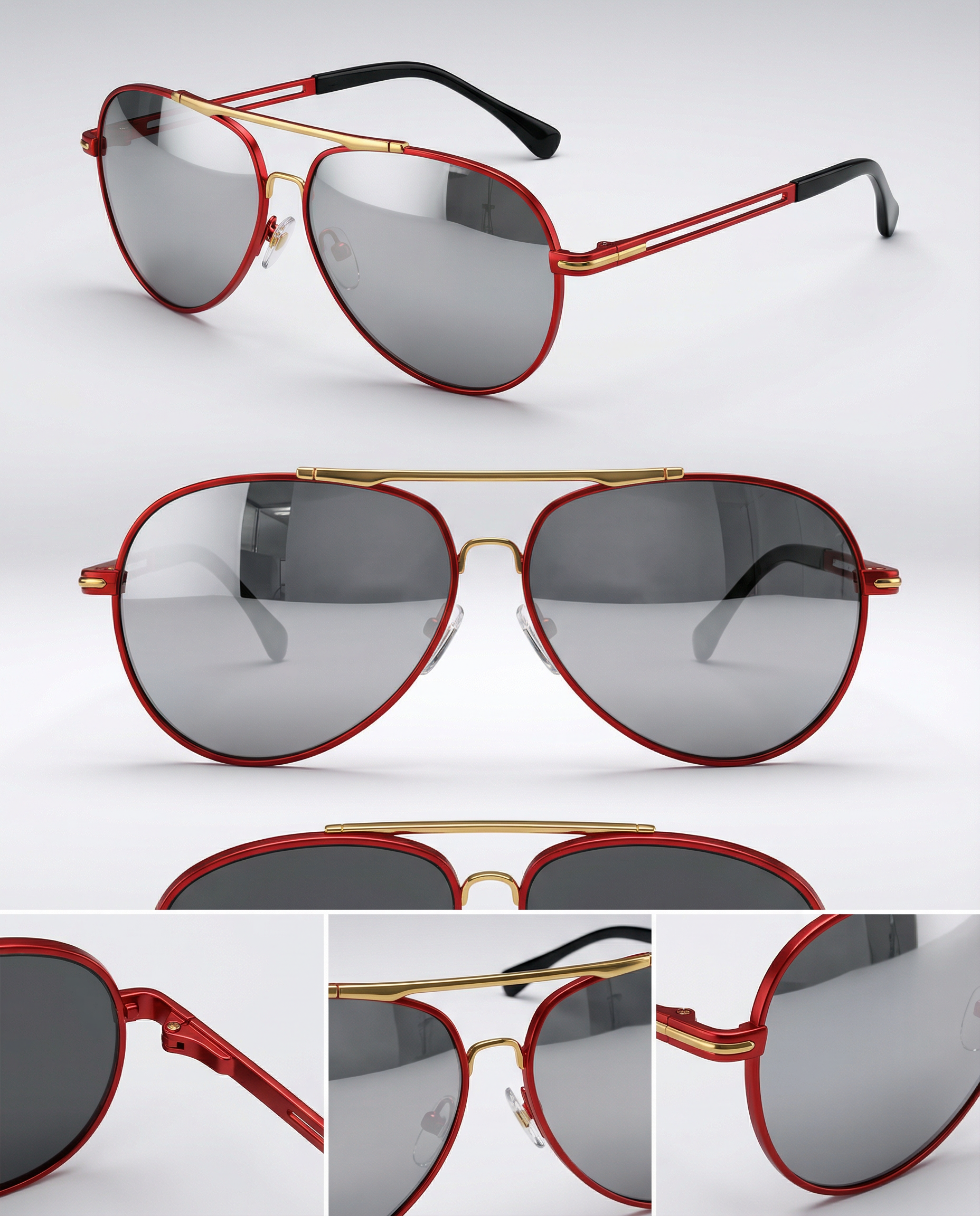 Rote Golden Vein Aviator Performance Sonnenbrille aus Metall mit getönten Gläsern, schlanker Bügelkonstruktion und modernem sportlichen Design, fotografiert vor neutralem Studiohintergrund.