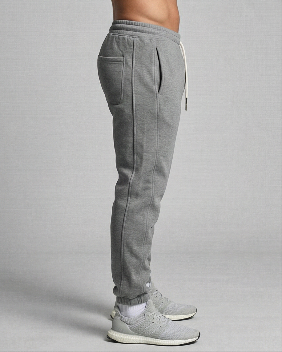 Graue GV Essential Sweatpants, seitliche Studioansicht eines männlichen Models; Fokus auf Seitennaht, Beinverlauf und Materialstruktur.