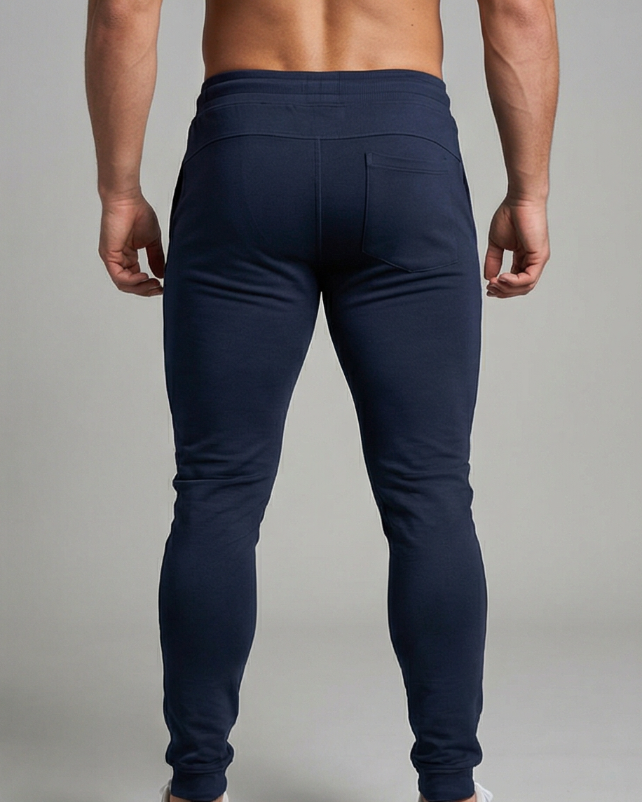 GV Performance Jogger in Navy, Rückansicht an männlichem Model; sichtbare Taschenform und Materialstruktur, neutrale Studioaufnahme.