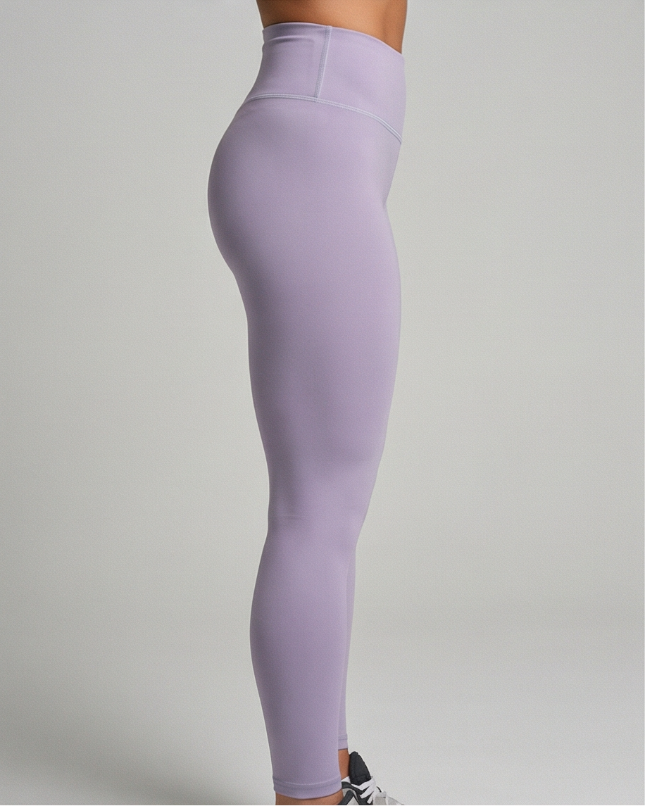 Lavendelfarbene Golden Vein Performance Leggings, Seitenansicht eines weiblichen Models; Fokus auf Silhouette, Nahtführung und figurbetonten Stoff.