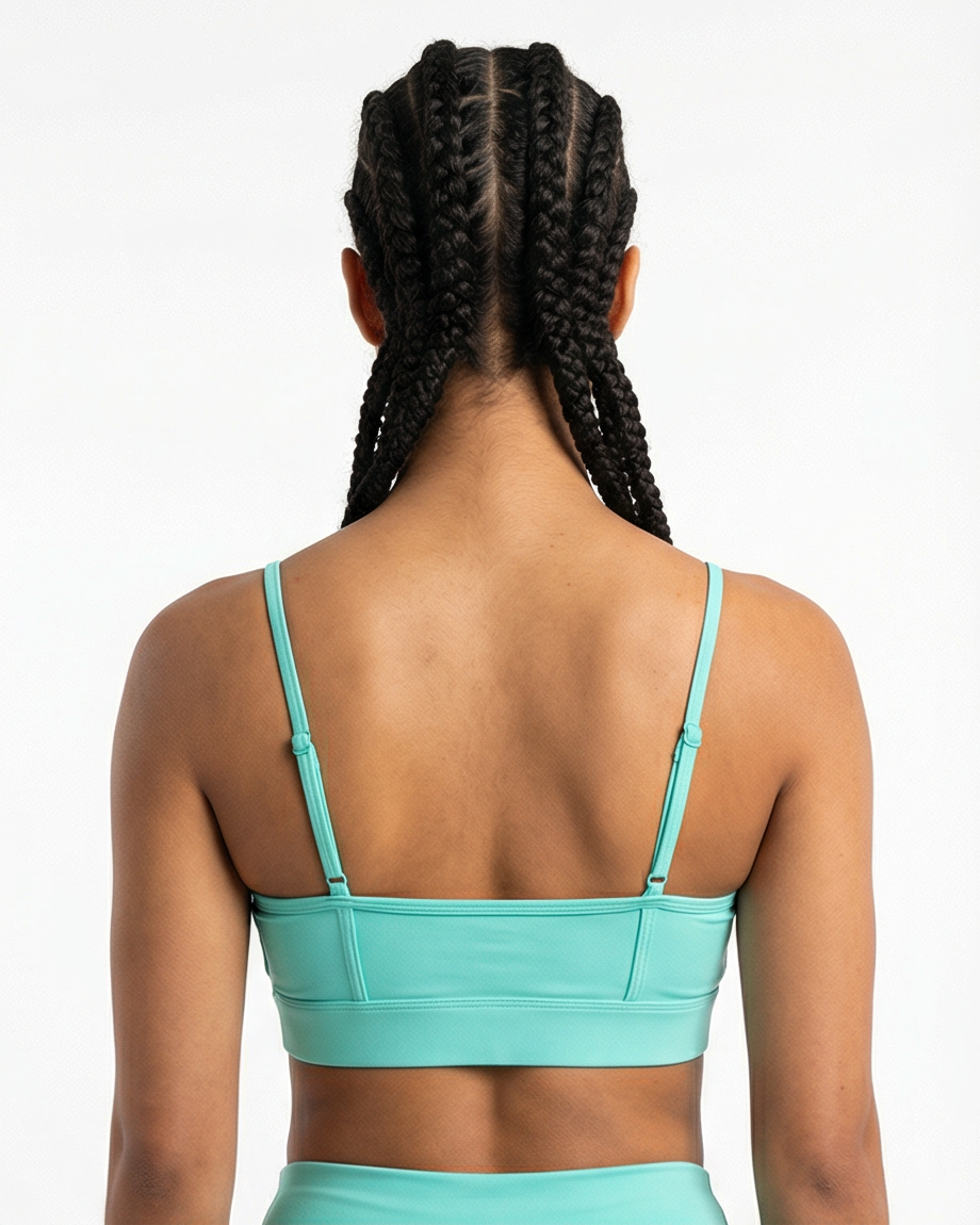 Aquamarinfarbener Golden Vein Performance Sports Bra, Rückansicht an weiblichem Fitness-Model; sichtbare Trägerführung und konturierende Passform.