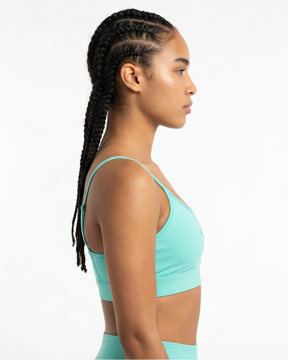 Aquamarinfarbener Golden Vein Performance Sports Bra, Seitenansicht eines weiblichen Models; Fokus auf Silhouette, Seitennaht und stützendes Design.