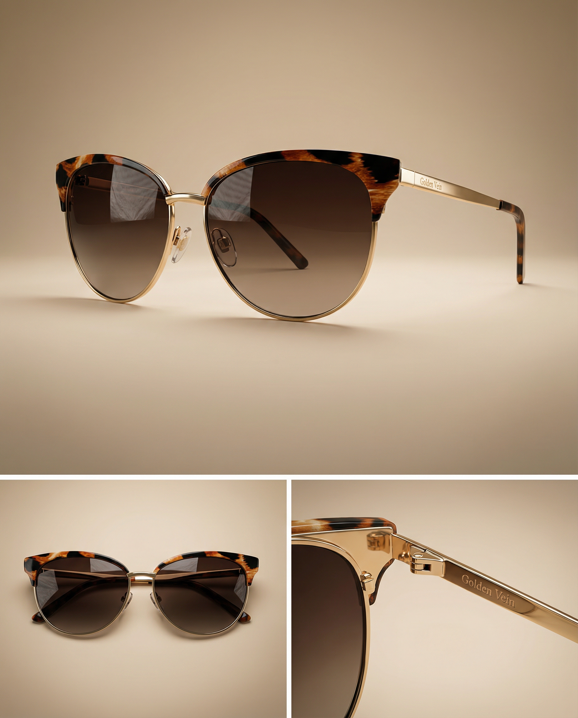 Sonnenbrille, 3 Studioaufnahmen; braun gemusterter Rahmen, goldene Details und getönte Gläser.