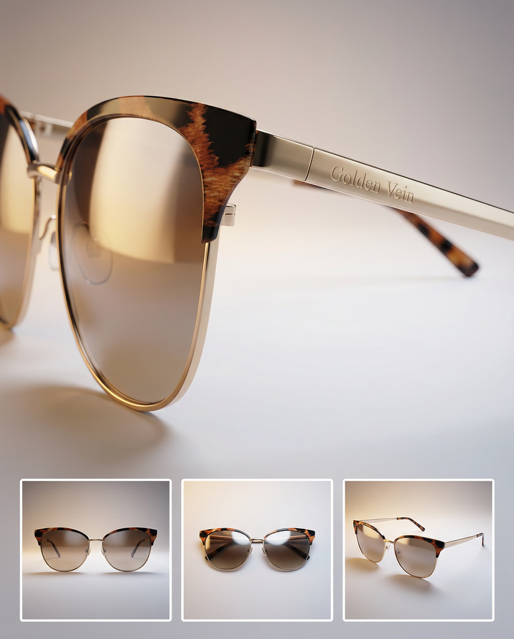 GV_Signature_Tortoise_Sunglass_Front
Golden Vein Signature Tortoise Sonnenbrille, 4Views Studioaufnahme; braun gemusterter Rahmen, goldene Details und getönte Gläser.