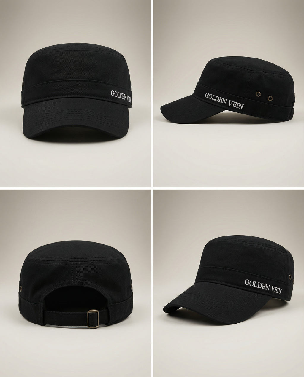Schwarze Golden Vein Tactical Cap, 4Views-Ansicht im Studio; sportlicher, minimalistischer Look mit gebogenem Schirm.
