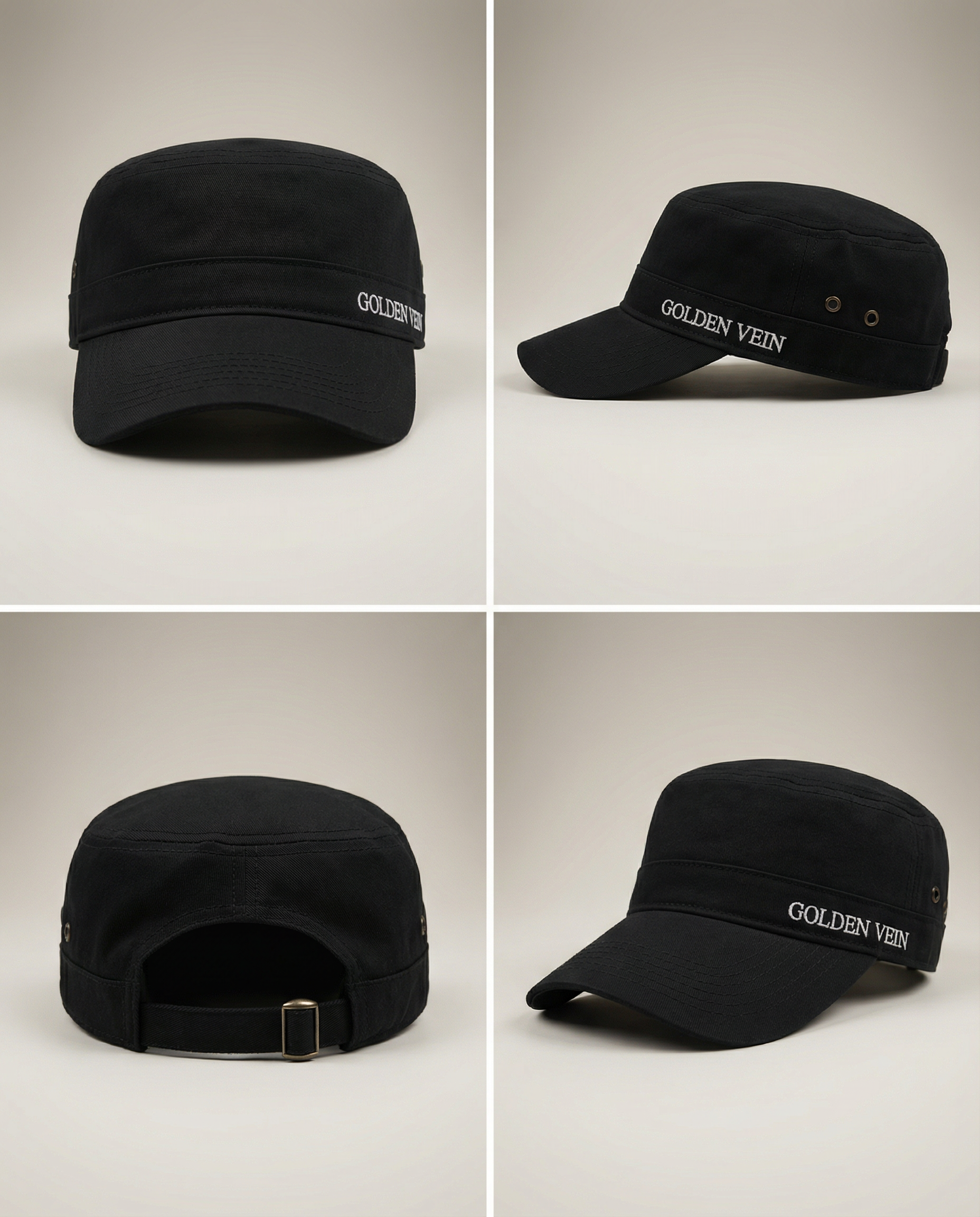Schwarze Golden Vein Tactical Cap, 4Views-Ansicht im Studio; sportlicher, minimalistischer Look mit gebogenem Schirm.