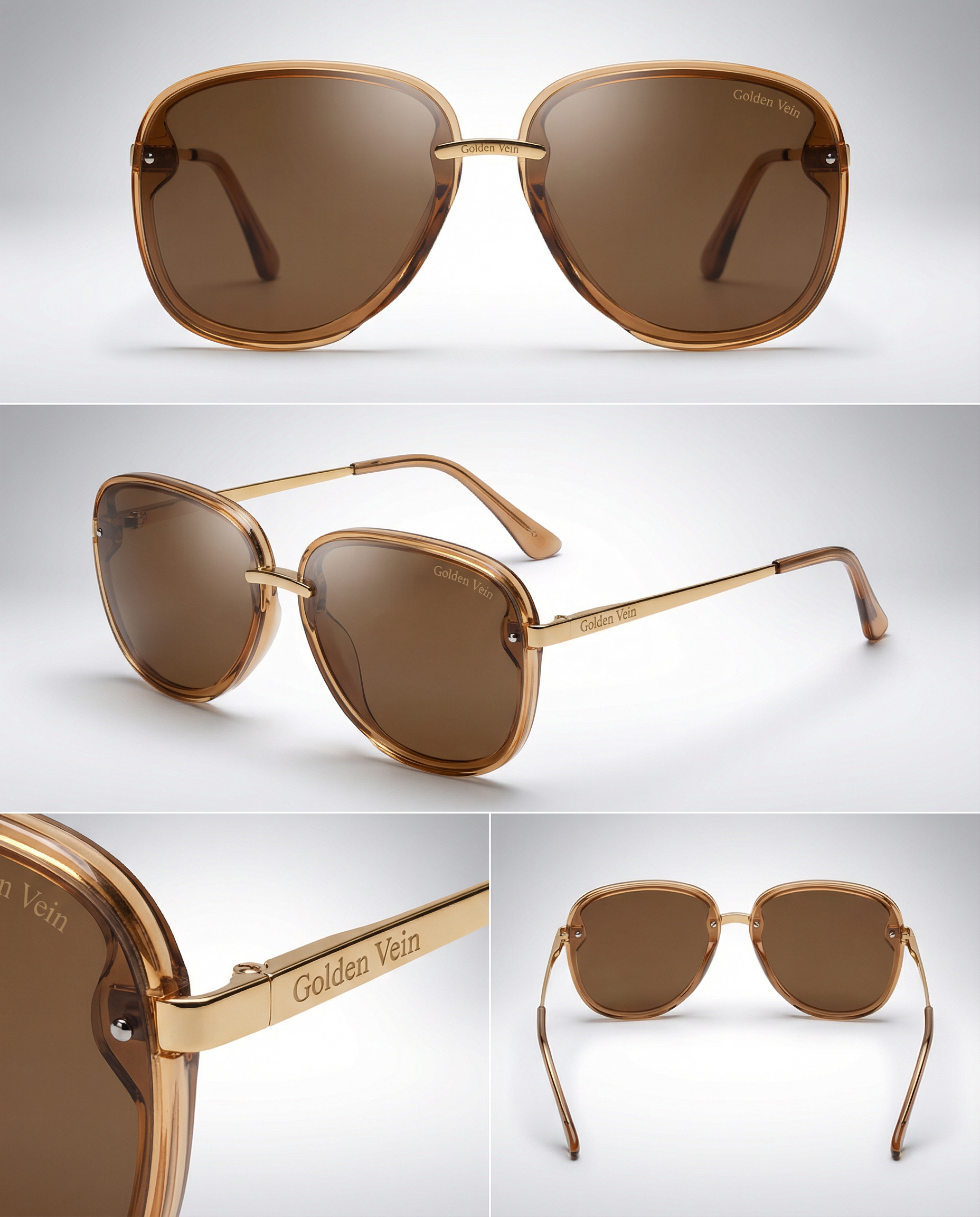 Braune Golden Vein „Aurelia“ Sonnenbrille mit leicht getönten Gläsern, elegant geschwungenem Rahmen und goldfarbenen Details, fotografiert vor neutralem Studiohintergrund.