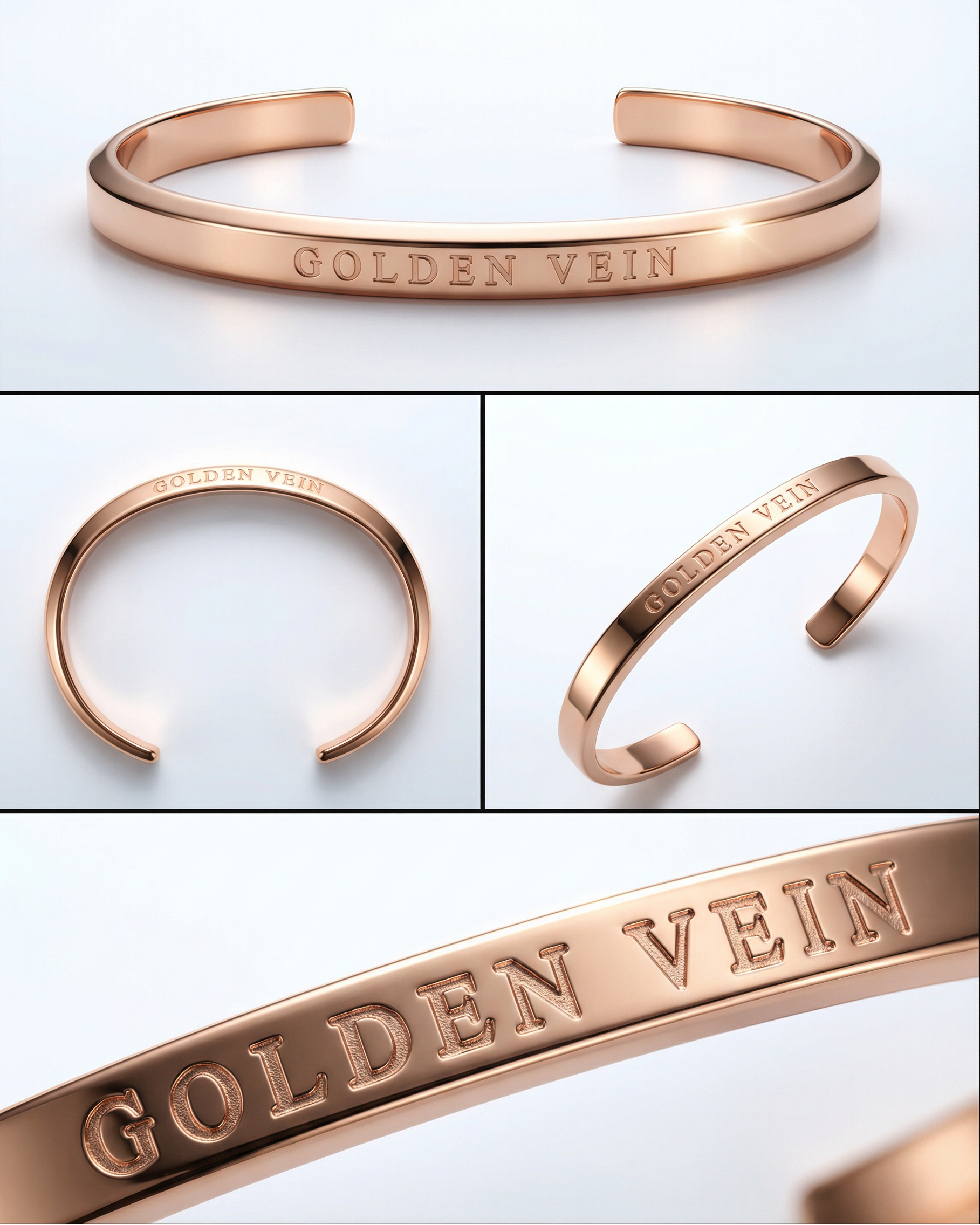 Roségoldfarbener Golden Vein Edelstahl-Armreif mit eingraviertem Logo, glänzende Oberfläche, minimalistische Form, fotografiert vor neutralem Studiohintergrund.